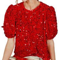 Vine & Love - Velvet Sequin Accent Puff Sleeve Blouse