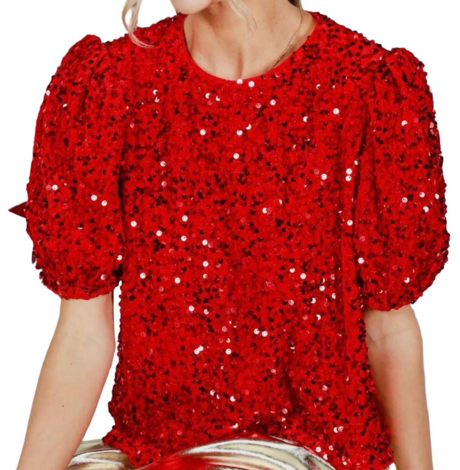 Vine & Love - Velvet Sequin Accent Puff Sleeve Blouse