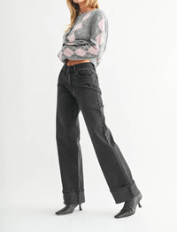 JBD. Cuffed Wide Leg Jeans in washed black - women's jeans - alternate view