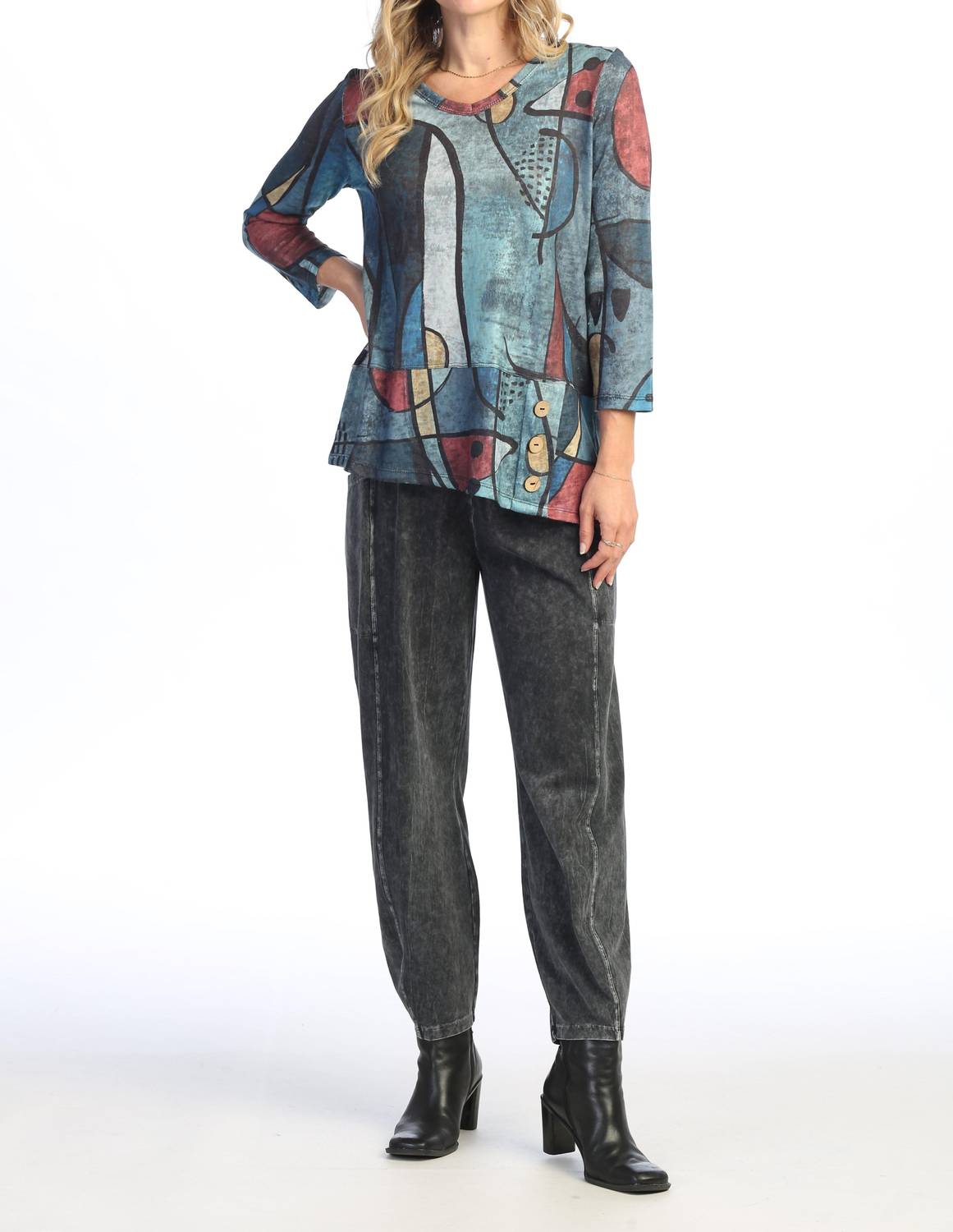 Jess & Jane Granada Light Knit Asymmetric Hem Top in blue - women's blouse - detail view