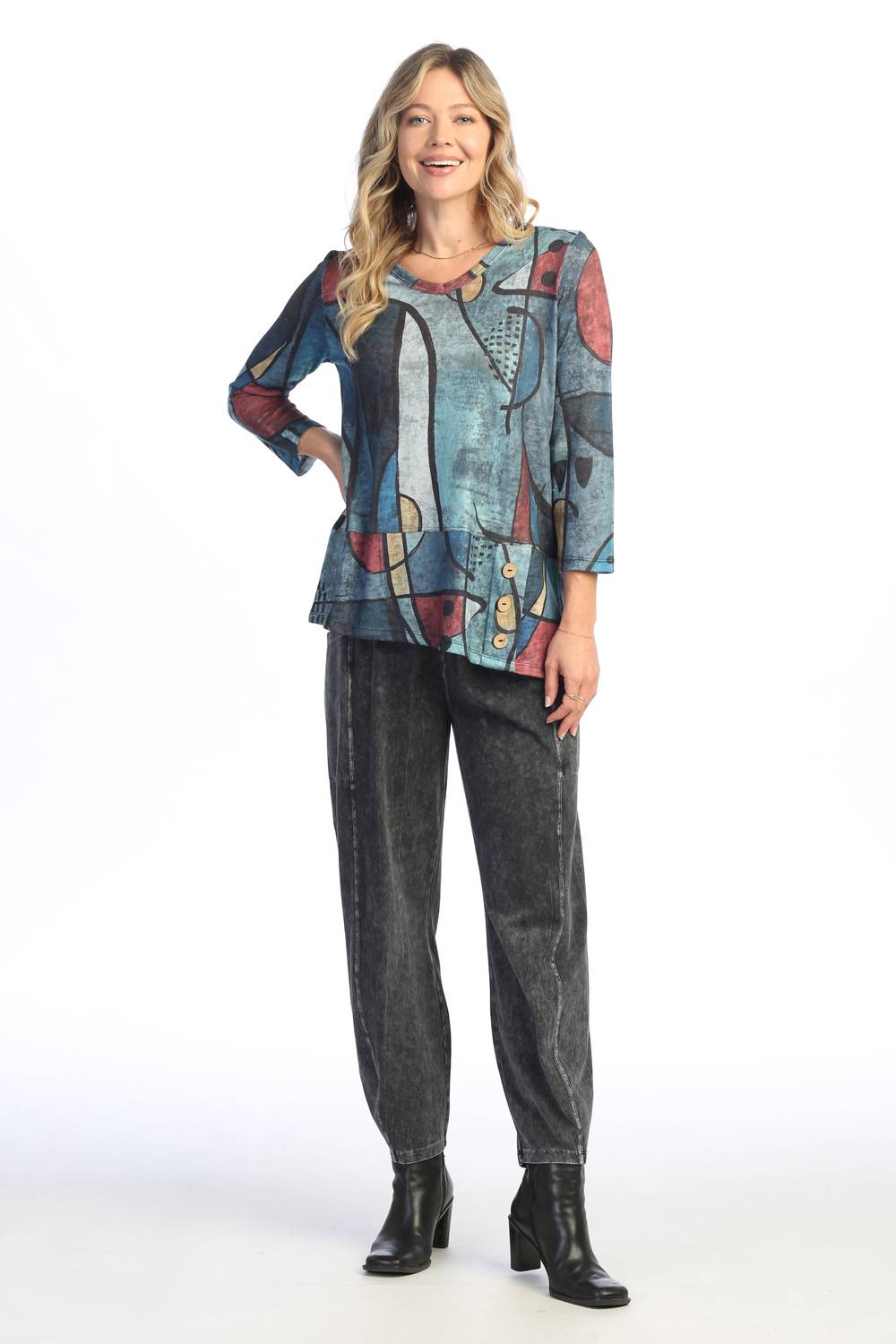 Jess & Jane Granada Light Knit Asymmetric Hem Top in blue - women's blouse - alternate view