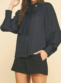 PINCH Tie Neck Long Sleeve Top in black - women's long sleeve top - detail view