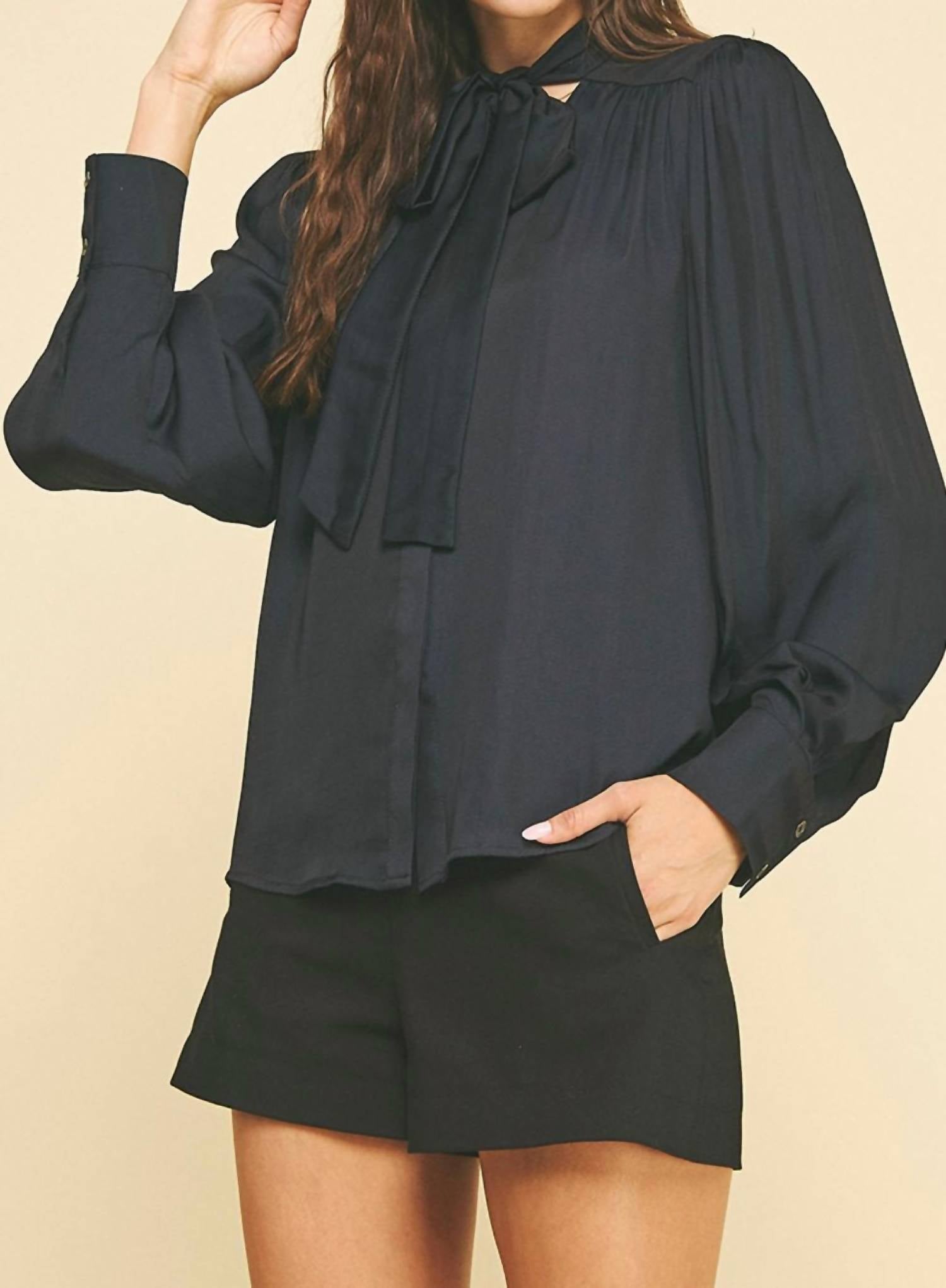 PINCH Tie Neck Long Sleeve Top in black - women's long sleeve top - detail view