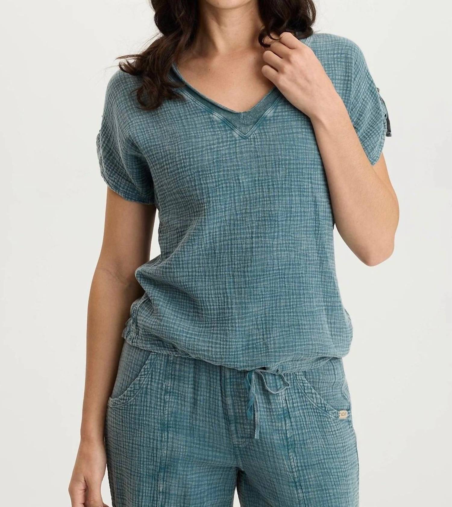 XCVI Bower Gauze V-neck Top in deep teal acid wash - women's t-shirt