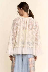 Davi & Dani - Sheer Floral Lace Bell Sleeve Blouse