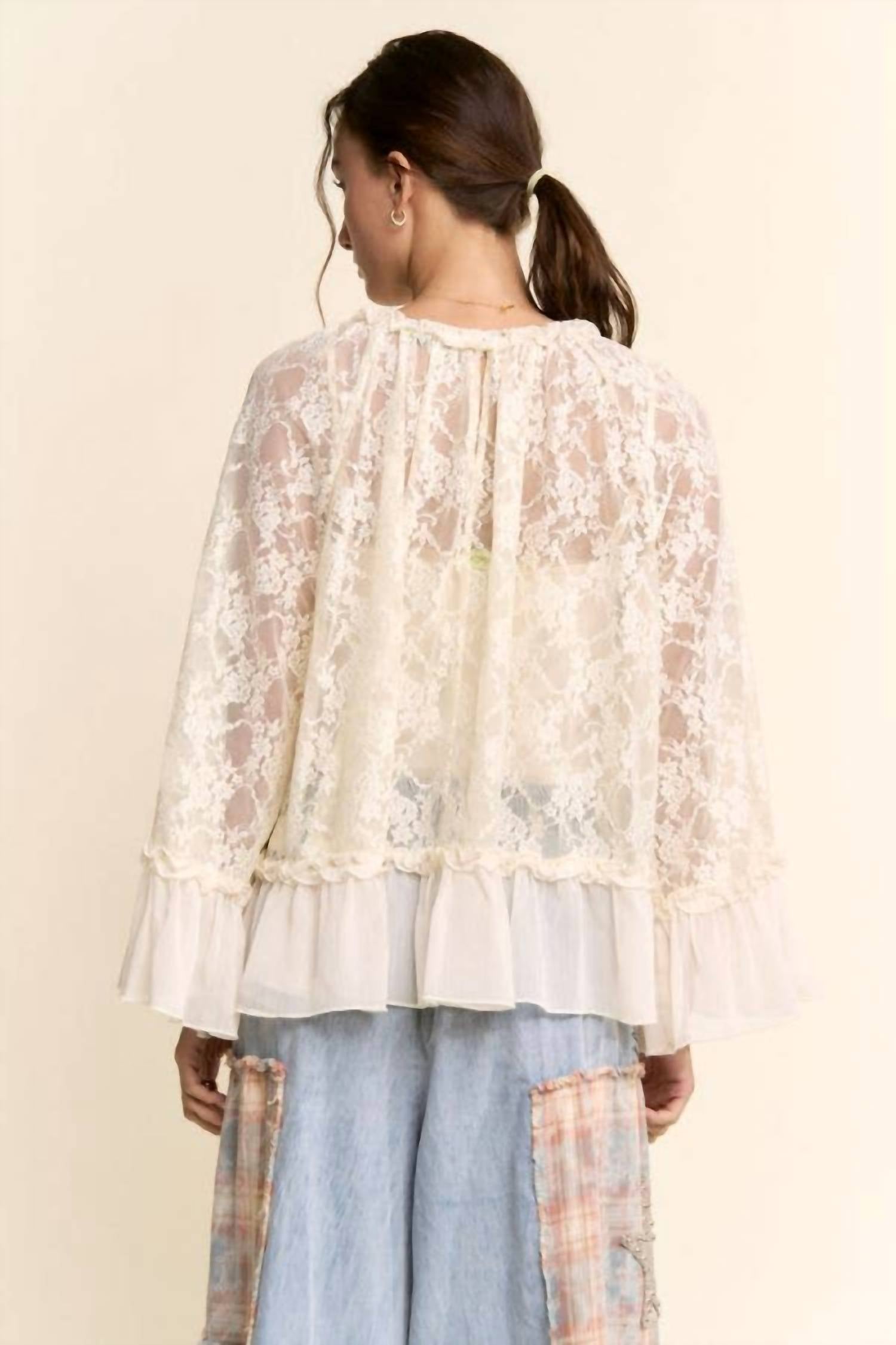 Davi & Dani - Sheer Floral Lace Bell Sleeve Blouse