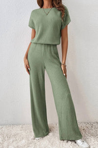 Kentce Fashion - Ribbed Short Sleeve Wide Leg Jumpsuit