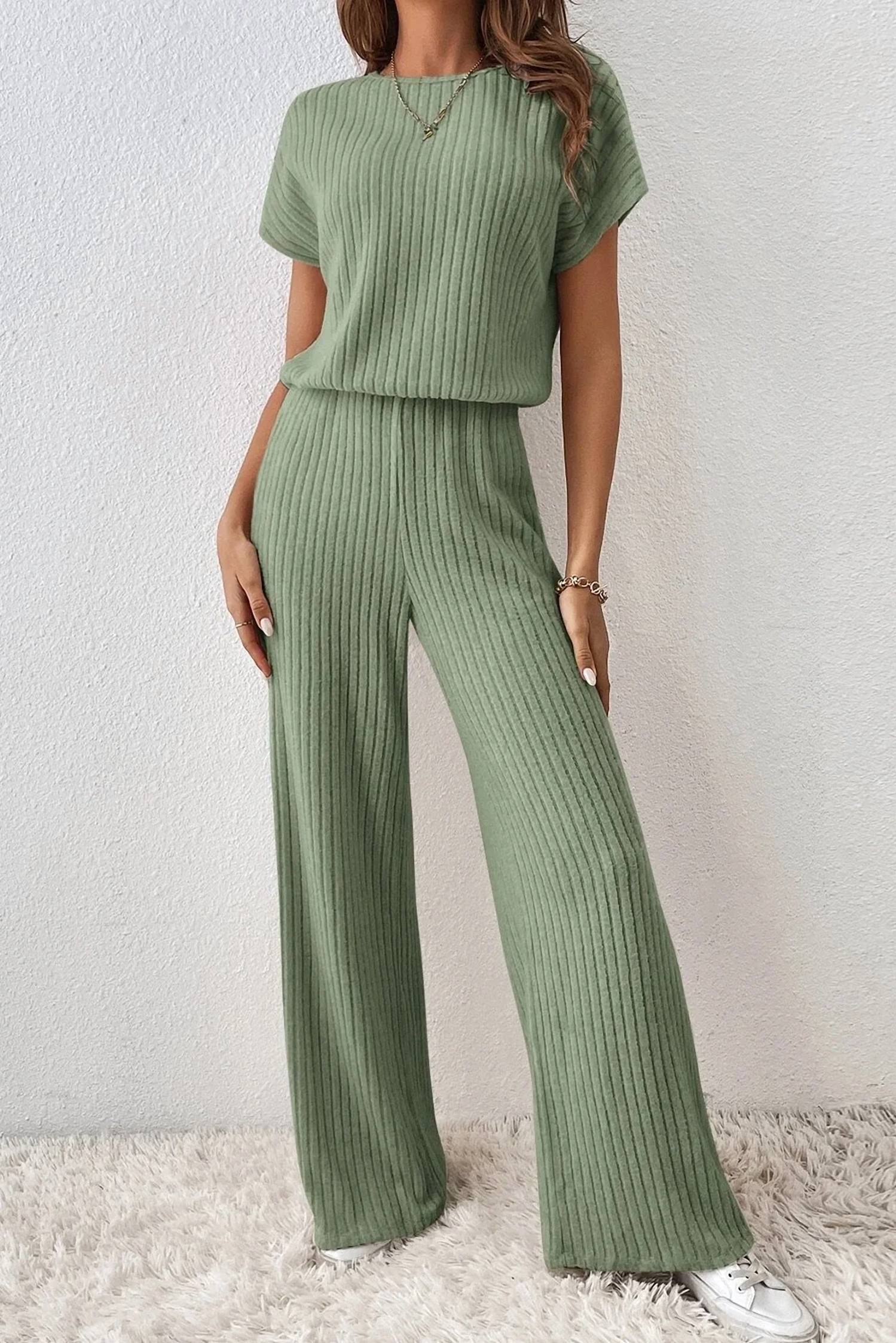 Kentce Fashion - Ribbed Short Sleeve Wide Leg Jumpsuit