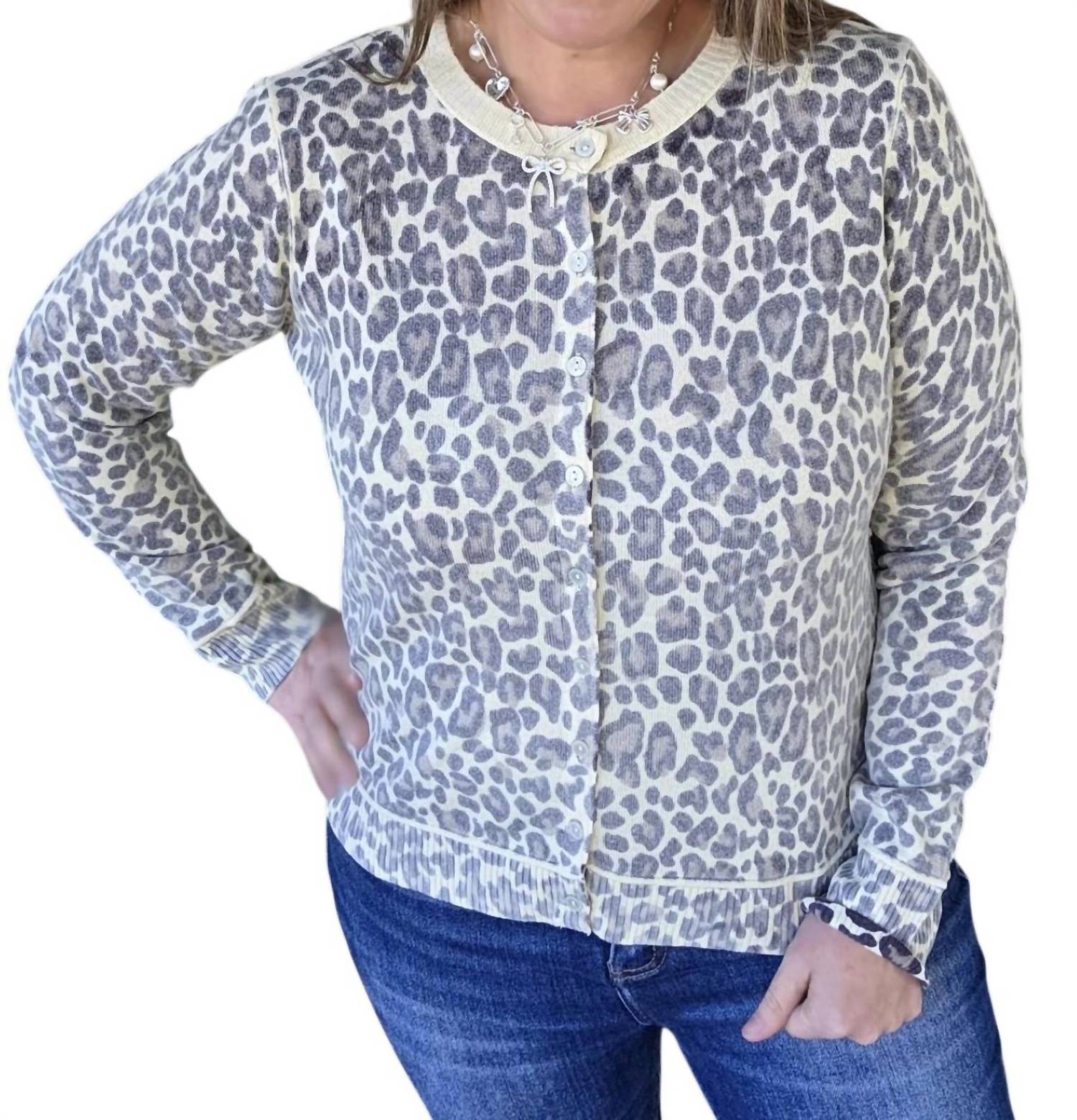 STACCATO Inside Out Button Down Leopard Cardigan in beige gray - women's cardigan - detail view