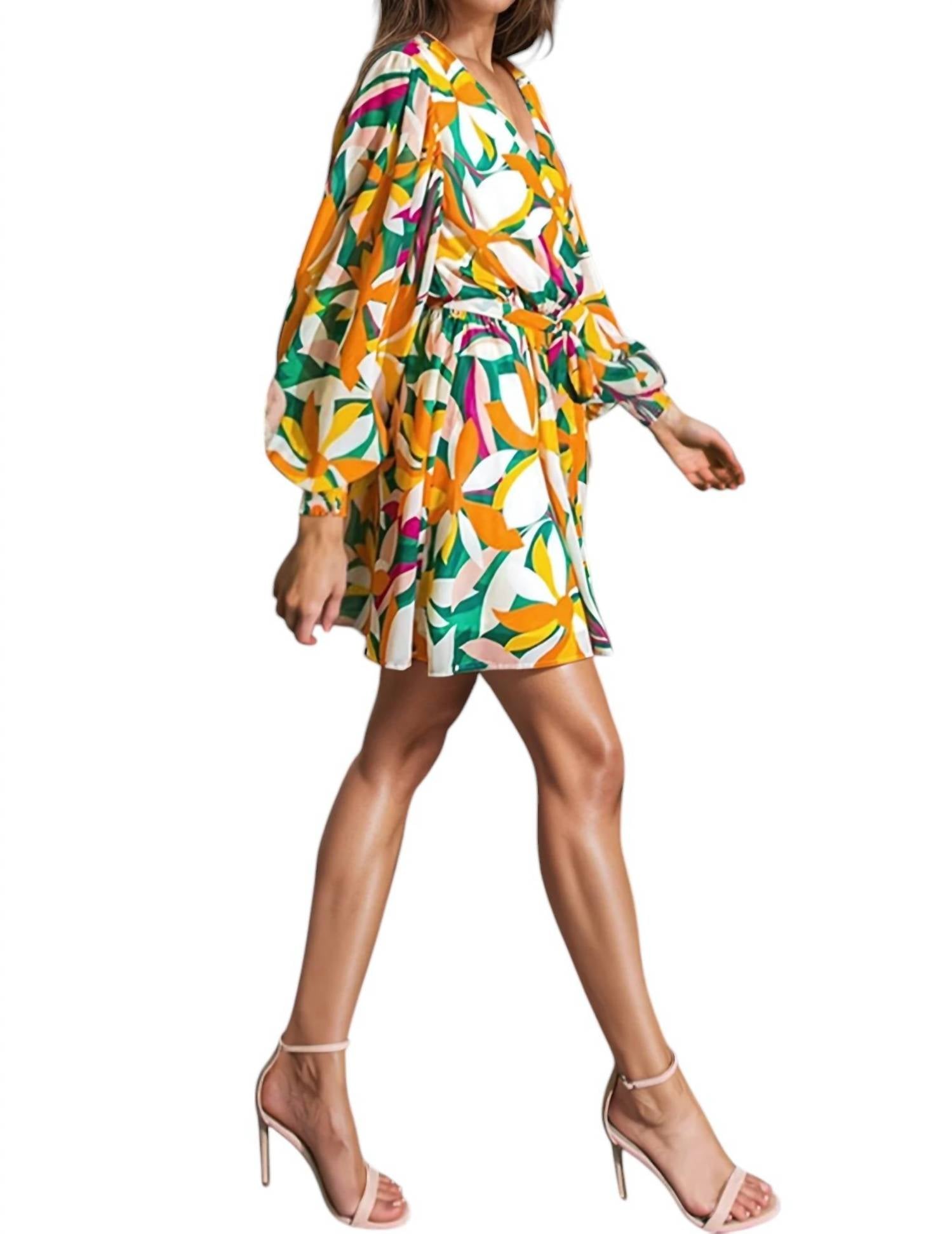 Flying Tomato - Sandra Surplice Long Sleeve Chiffon Mini Dress