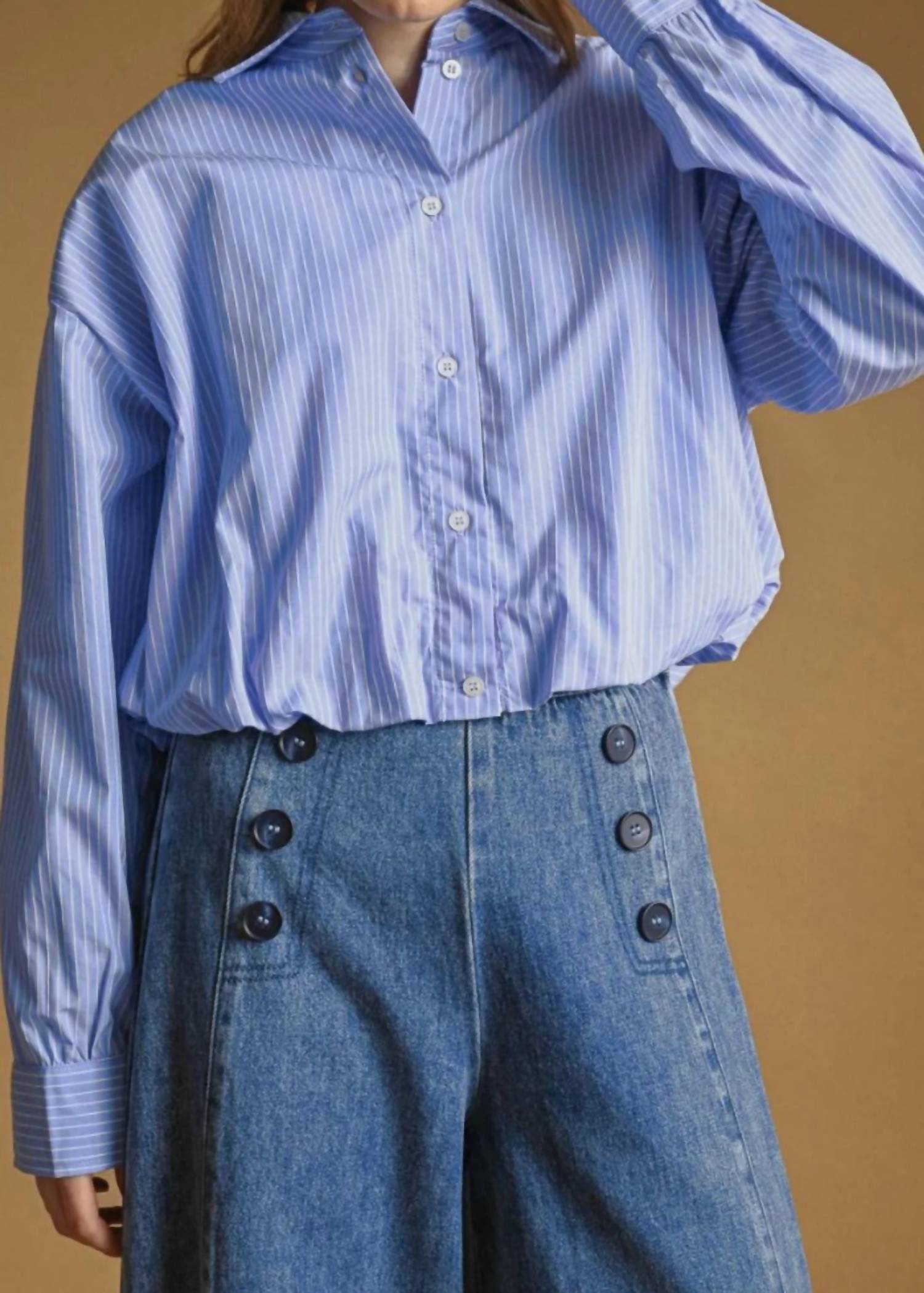Miou Muse - Bubble Hem Button Down Striped Top