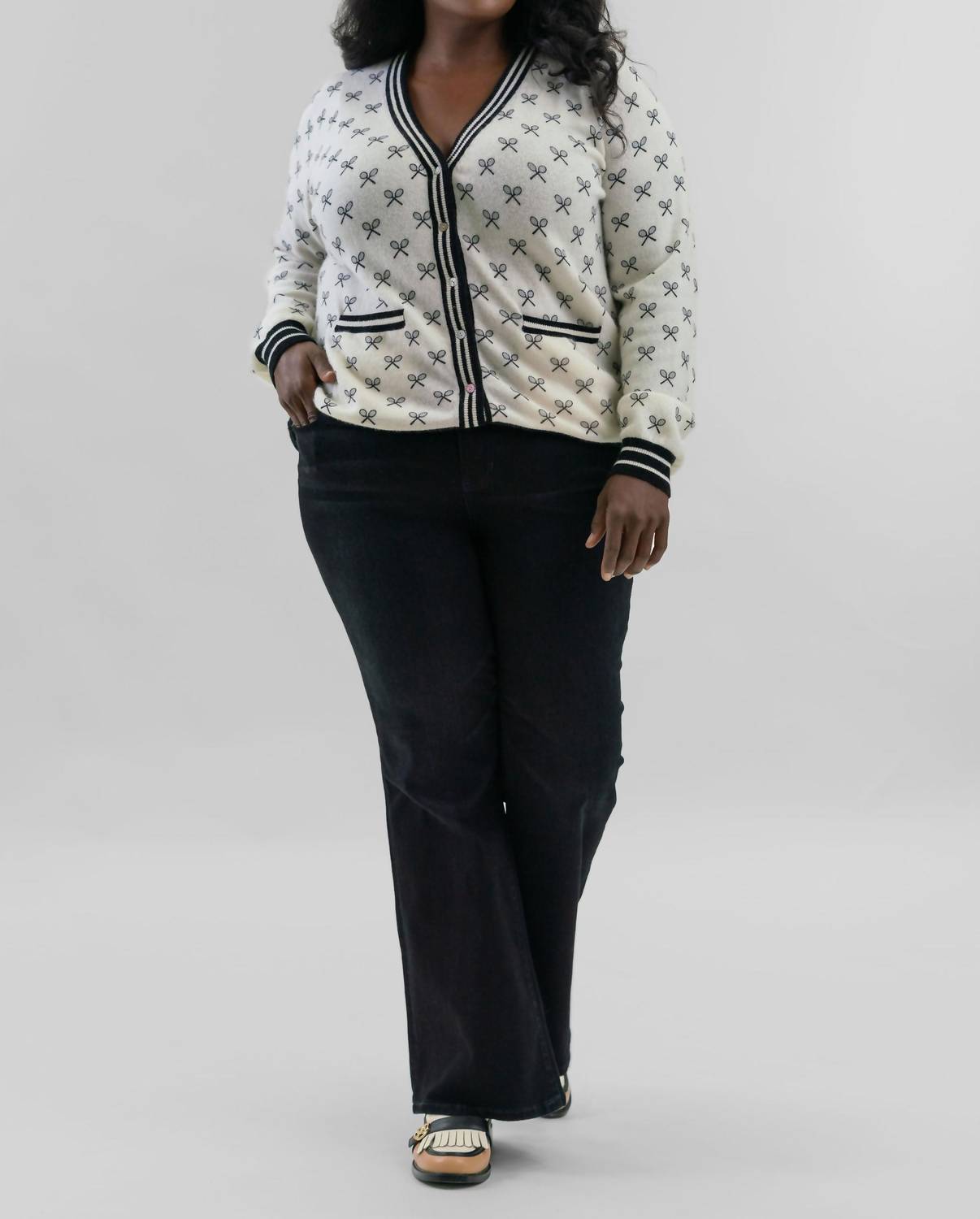 Minnie Rose - Cashmere Tennis Club Print Cardigan - Plus Size