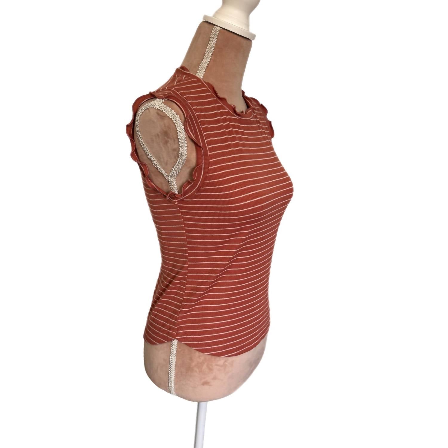 LA MIEL Boho Ribbed Ruffle Trim Striped Tank Top in terracotta rust white stripes - women's tank top - view 4