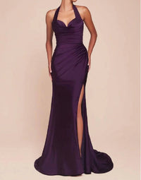 Ladivine Fitted Stretch Satin Dress in eggplant - women's dress