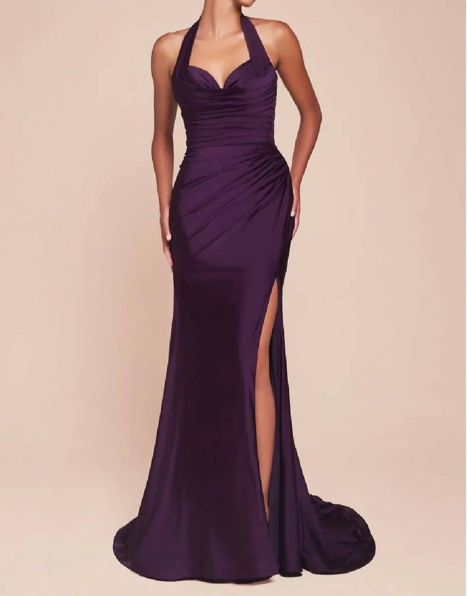 Ladivine Fitted Stretch Satin Dress in eggplant - women's dress