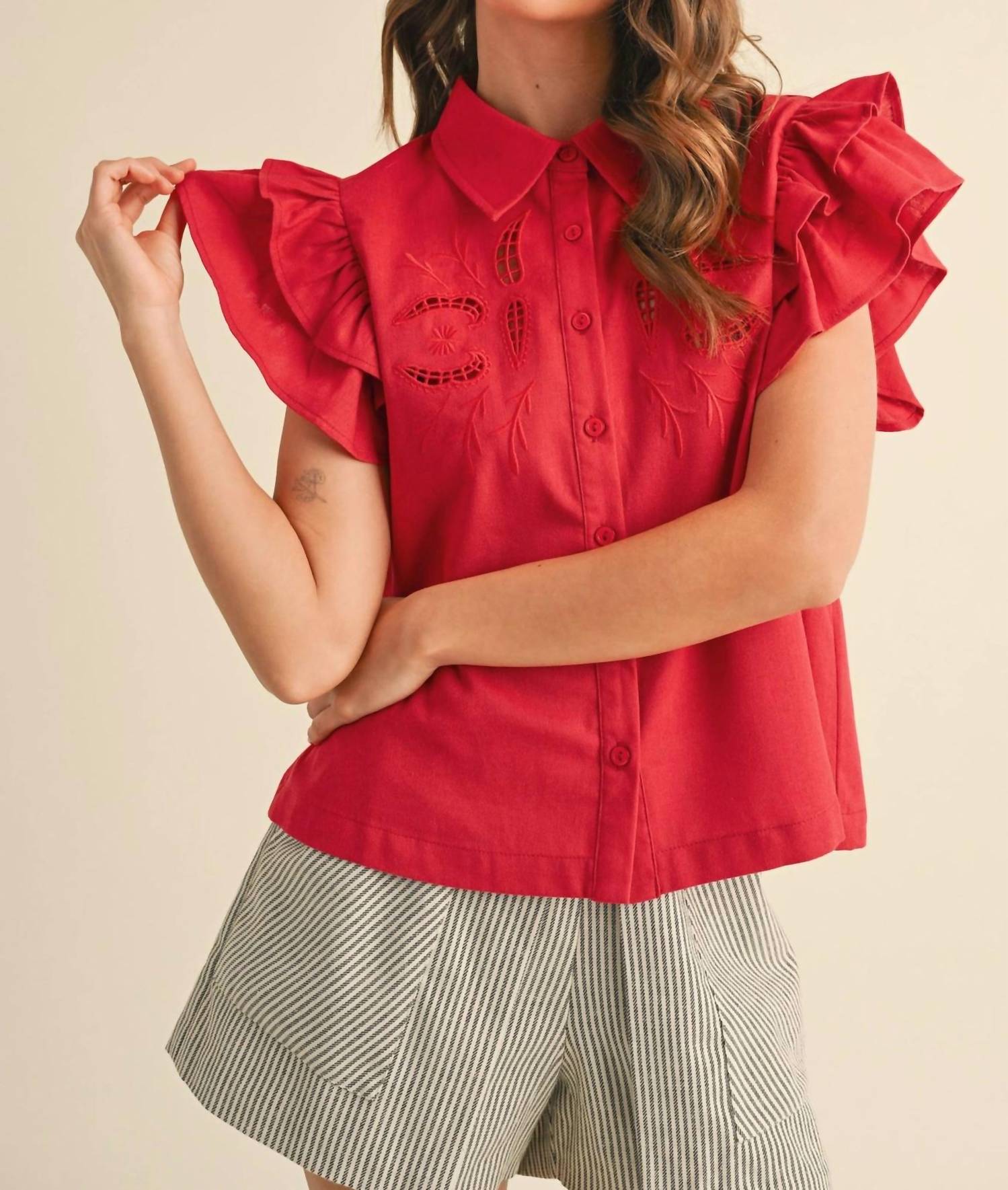 Merci - Embroidered Cut Out Button Down Top
