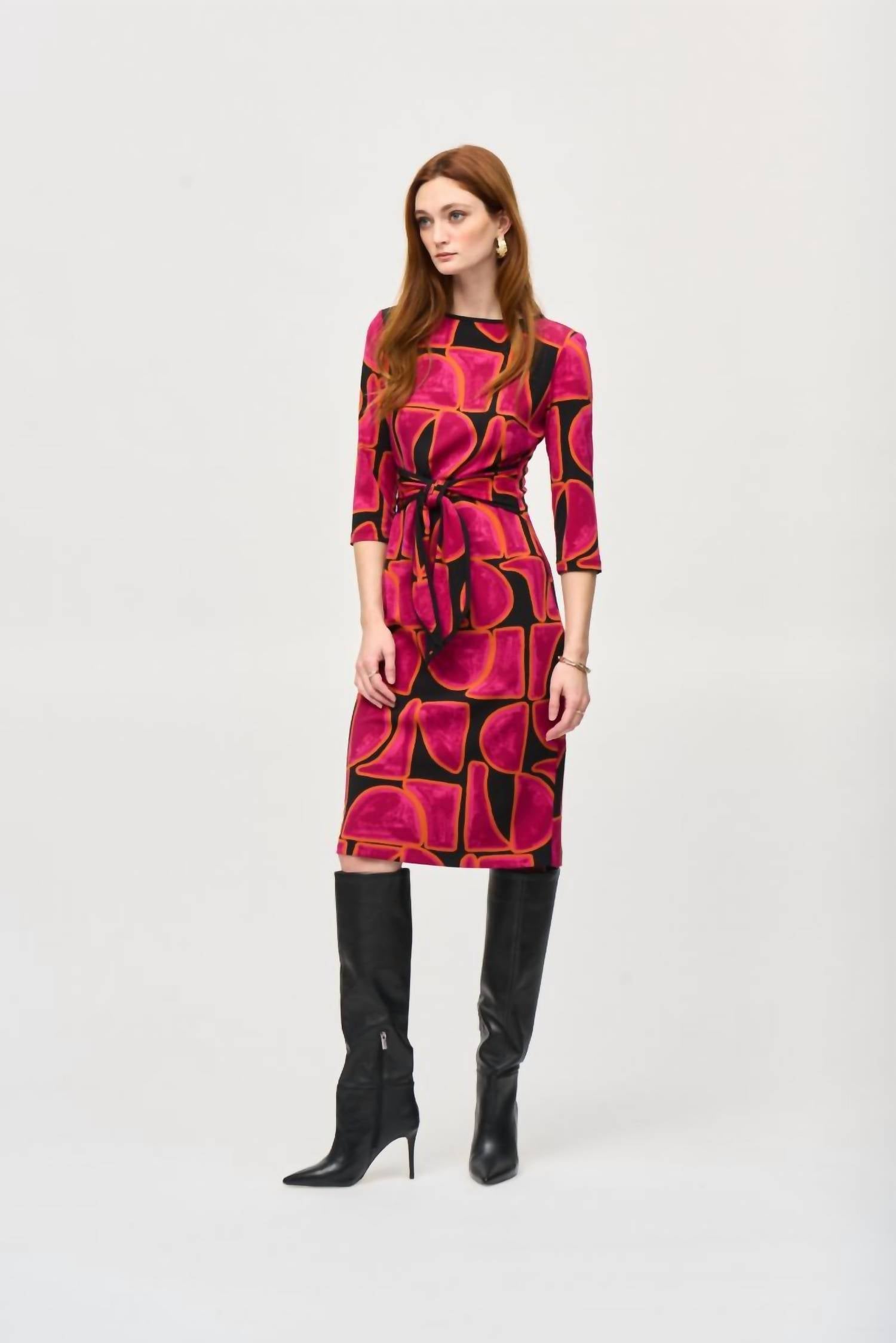 Joseph Ribkoff - Abstract Print Waist Tie Sheath Dress