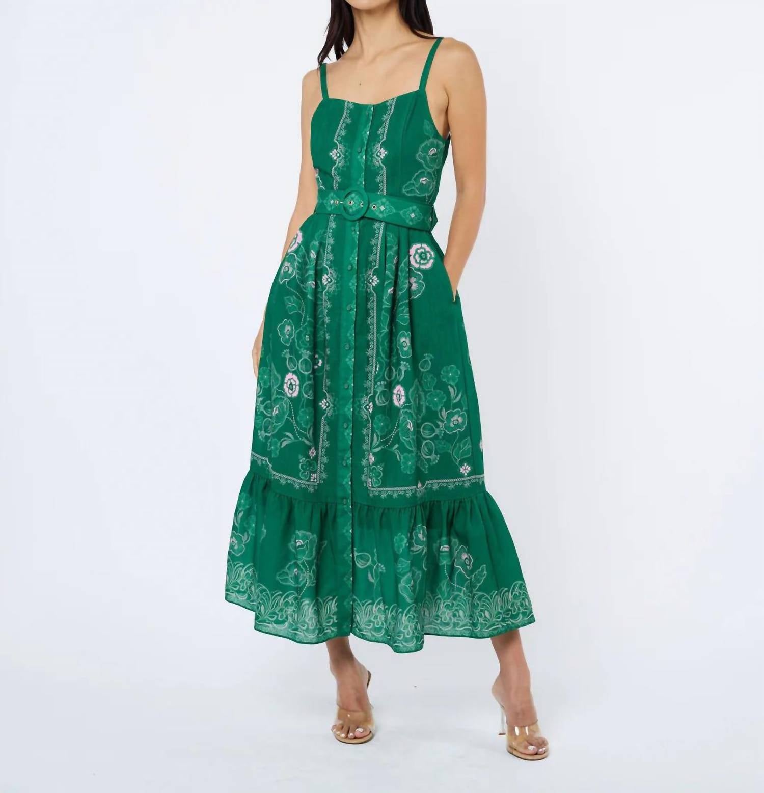 CIEBON Esme Printed Button Down Maxi Dress in green multi - women's dress