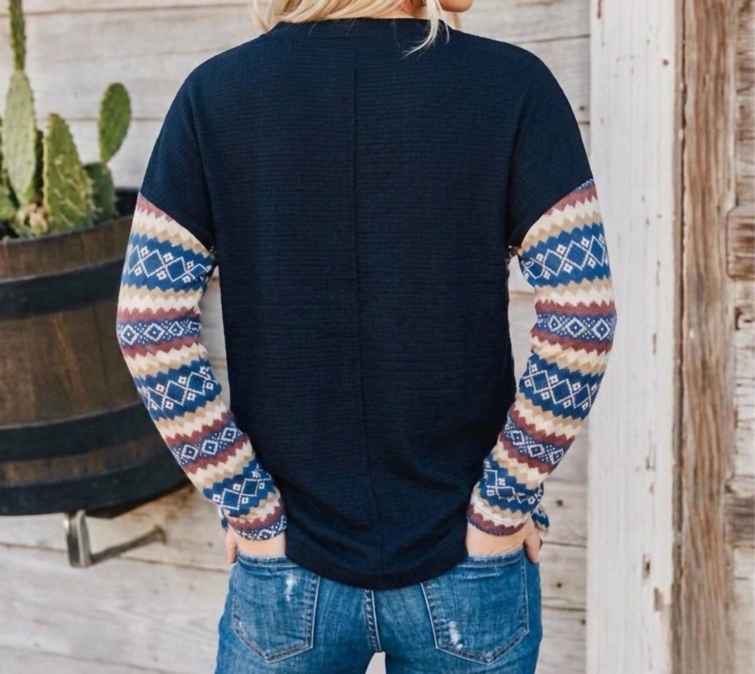 Southern Grace Sedona Sky Aztec Henley Pull Over Sweater in navy multi - women's sweater - detail view