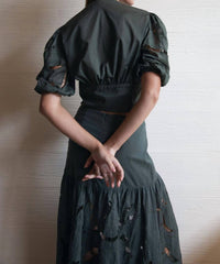 Uma and Leopold Ayla Embroidery Tied Top in chrome green - women's blouse - detail view