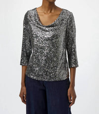 Joseph Ribkoff Sequined Cowl Neck 3/4 Sleeves Straight Top in black silver - women's blouse