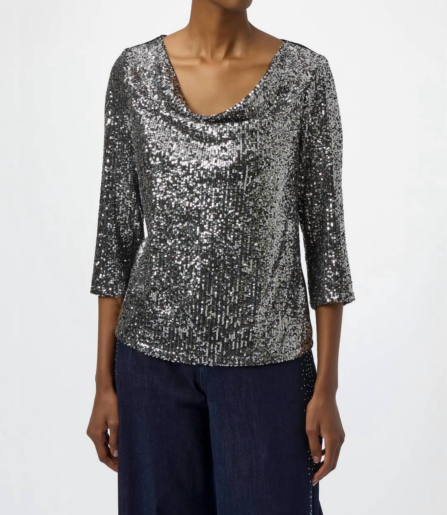 Joseph Ribkoff Sequined Cowl Neck 3/4 Sleeves Straight Top in black silver - women's blouse