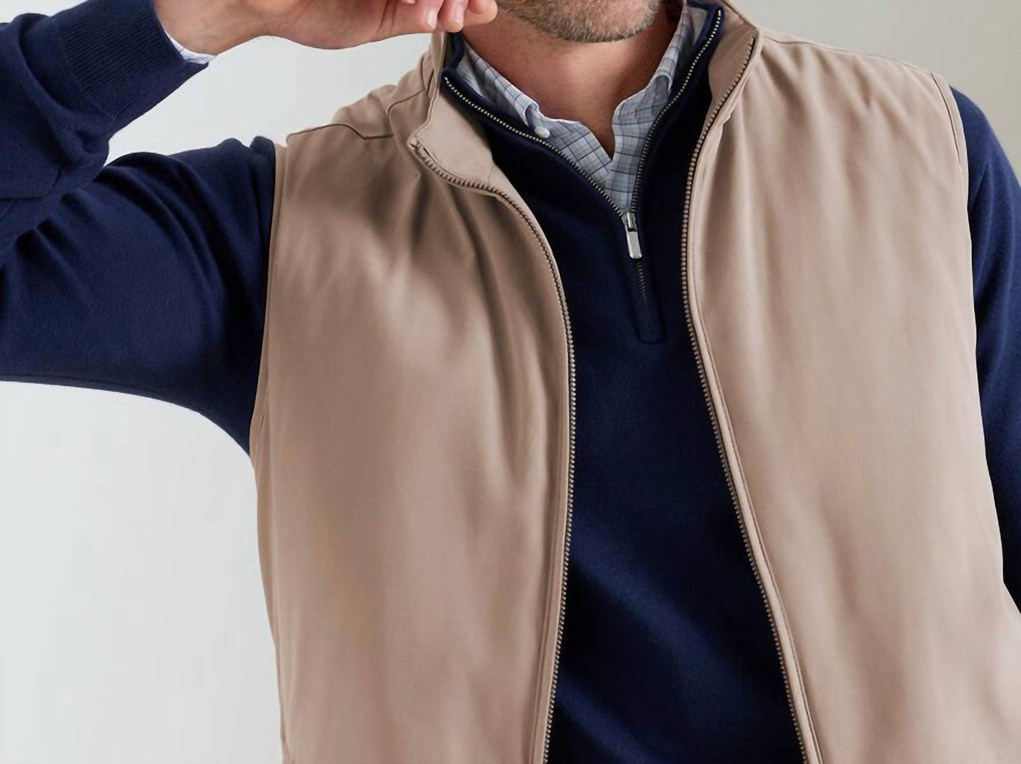 PETER MILLAR Bleecker Vest in biscotti - men's jacket - detail view