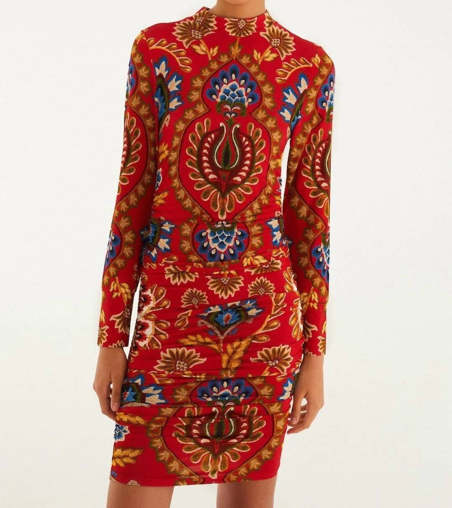 FARM RIO Folk Tapestry Jersey Mini Dress in red - women's dress