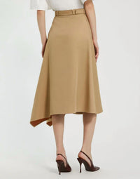 MAC DUGGAL Twill Midi Skirt With Buttons And Belt in taupe - women's skirt - detail view