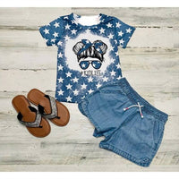 Kidscharm - Girl's Patriotic Messy Bun Tee