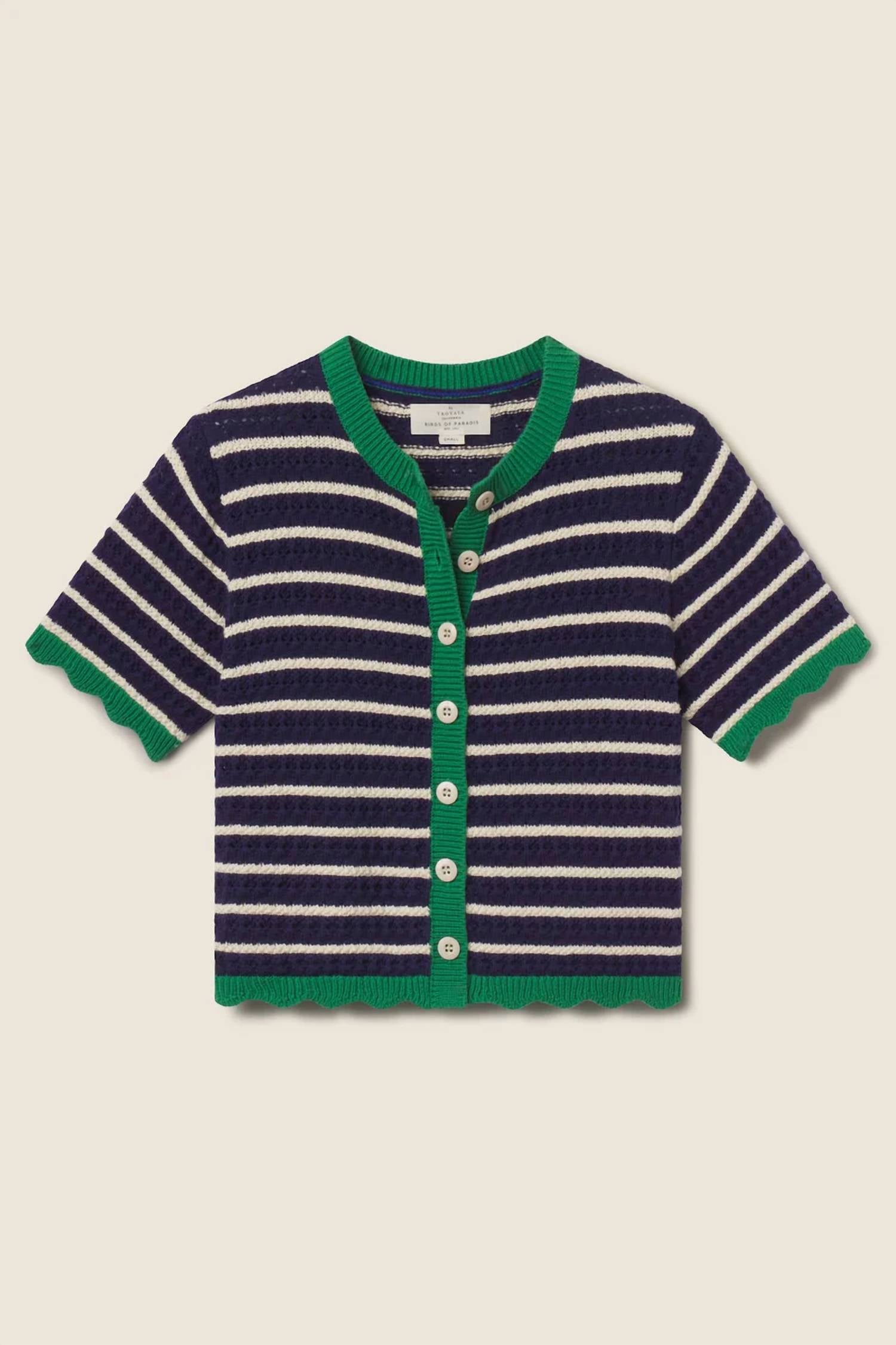 TROVATA Aurora Short Sleeve Cardigan in navy stripe - women's cardigan - alternate view