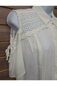 Rolypoly - Women's Linen Lace Cold Shoulder Button Blouse