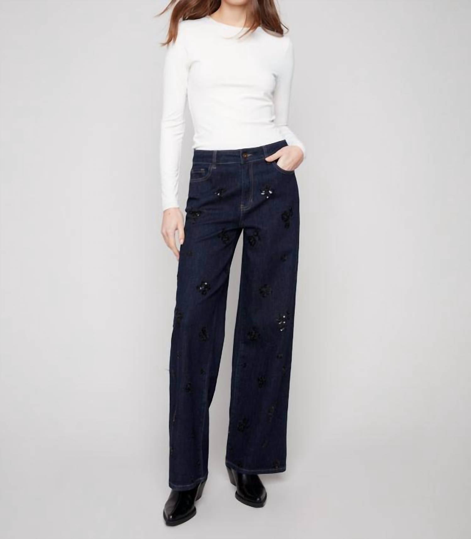 Charlie B - Wide Leg Sequin Embroidered Jeans