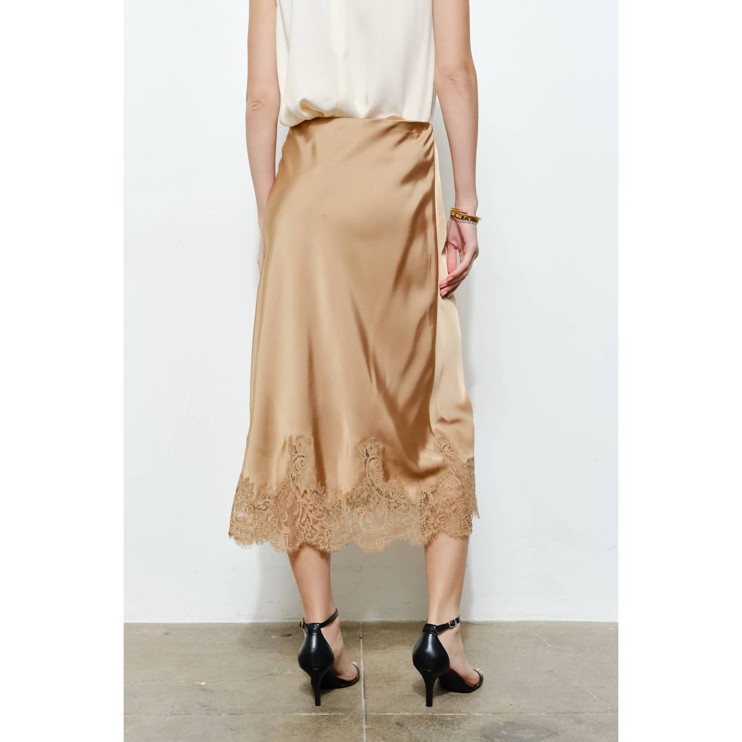 INA Fashion Classic Silky With Lace Hem Midi Skirt in gold - women's skirt - detail view
