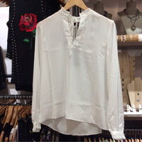Renuar Long Sleeve Ruffle Neck Woven Blouse in white - women's blouse - detail view