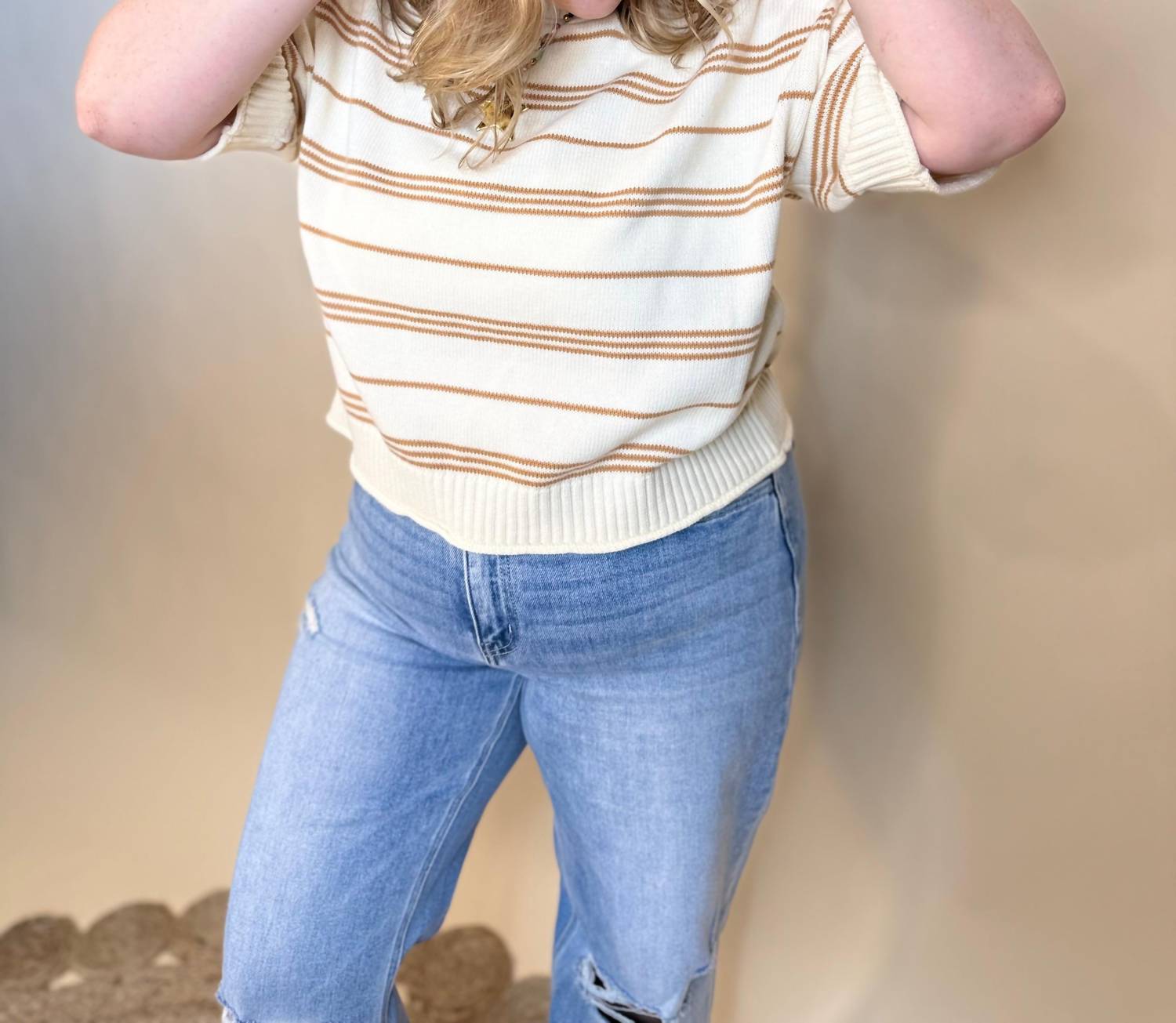 ee:some Striped Short Sleeve Sweater in yellow - women's sweater - detail view