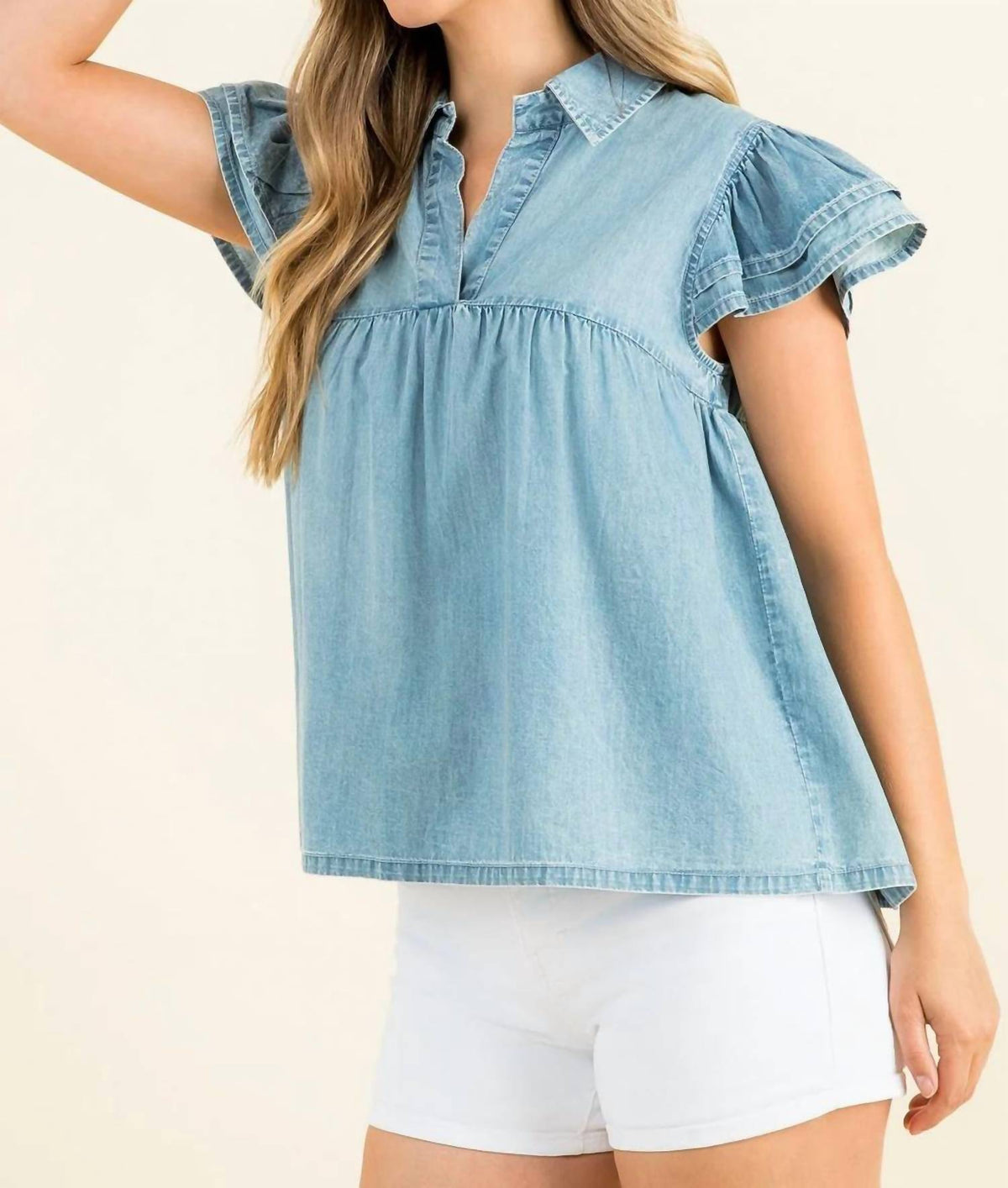 Pol - Collared Babydoll Denim Top