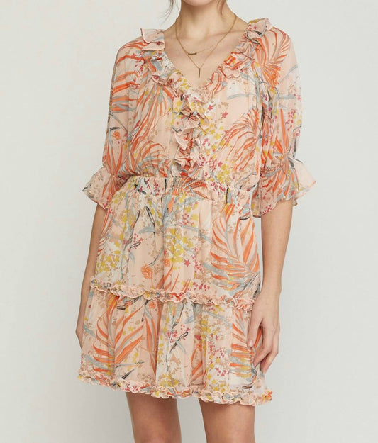 Print Dress With Ruffle Detail And Smocked Waist