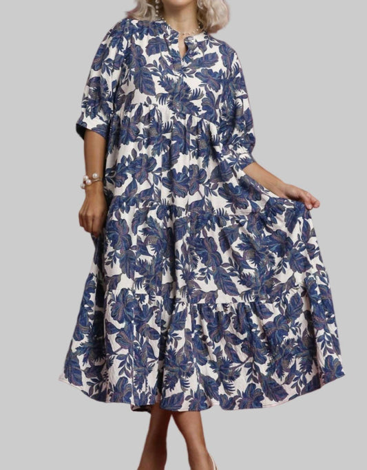 Umgee - Boho Leaf Print Tiered Midi Dress