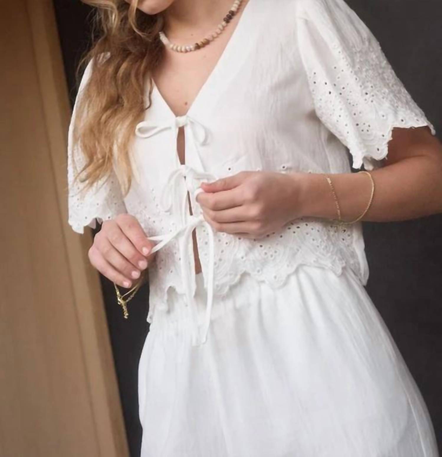 By The River Eyelet Bow Pant Set in white - women's sleepwear - detail view