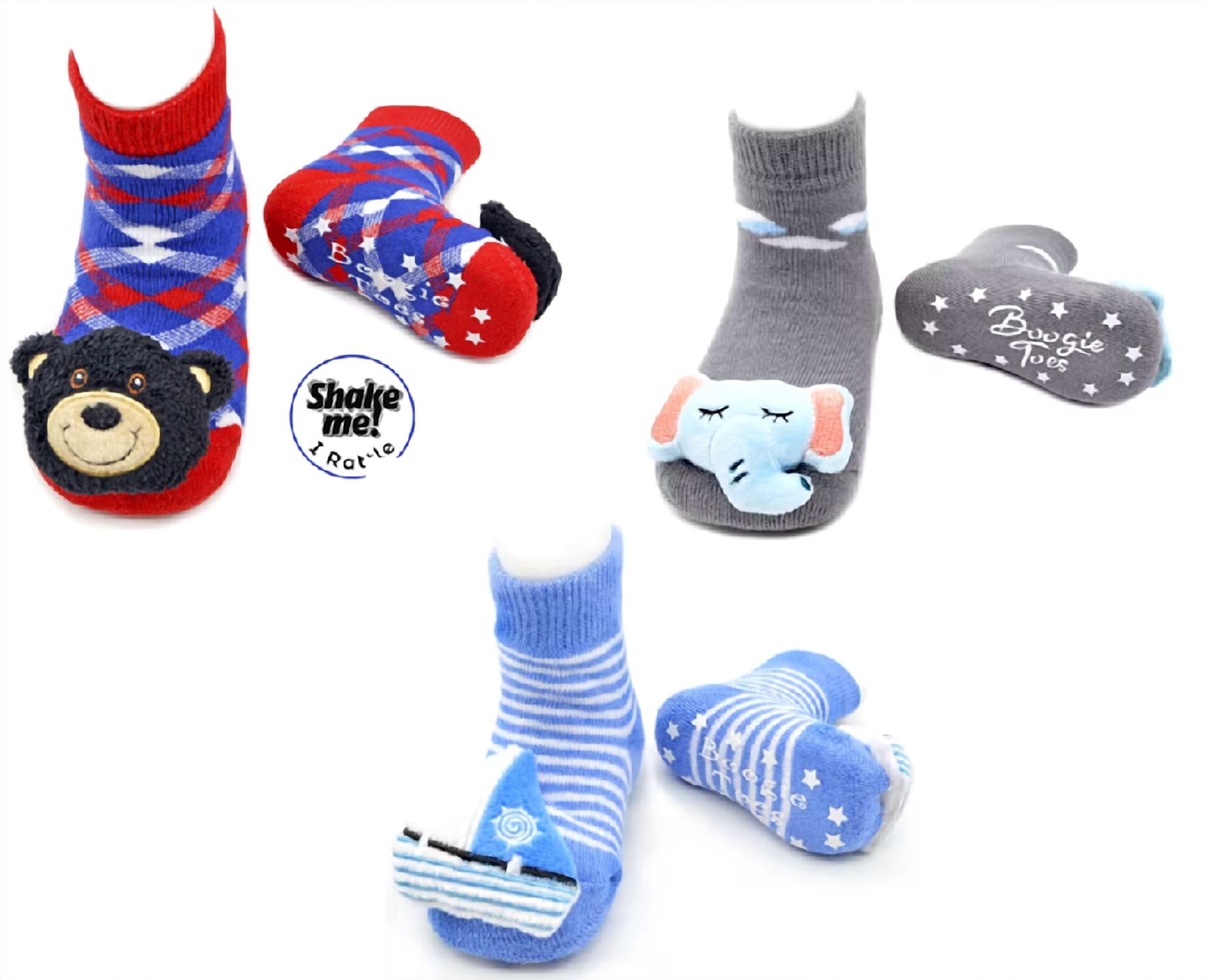 Liventi Inc. Kids Boogie Toe Rattle Socks - Set Of 3 in sleepy elephant sailboat black bear - kids' accessory
