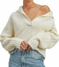 Buttermelon Drama Collar V-Neck Sweater in cream - women's sweater