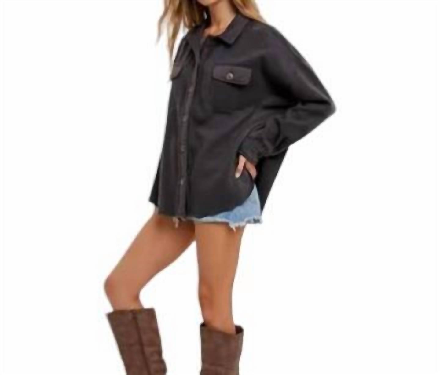 BluIvy Brushed Terry Shacket in charcoal - women's jacket - detail view