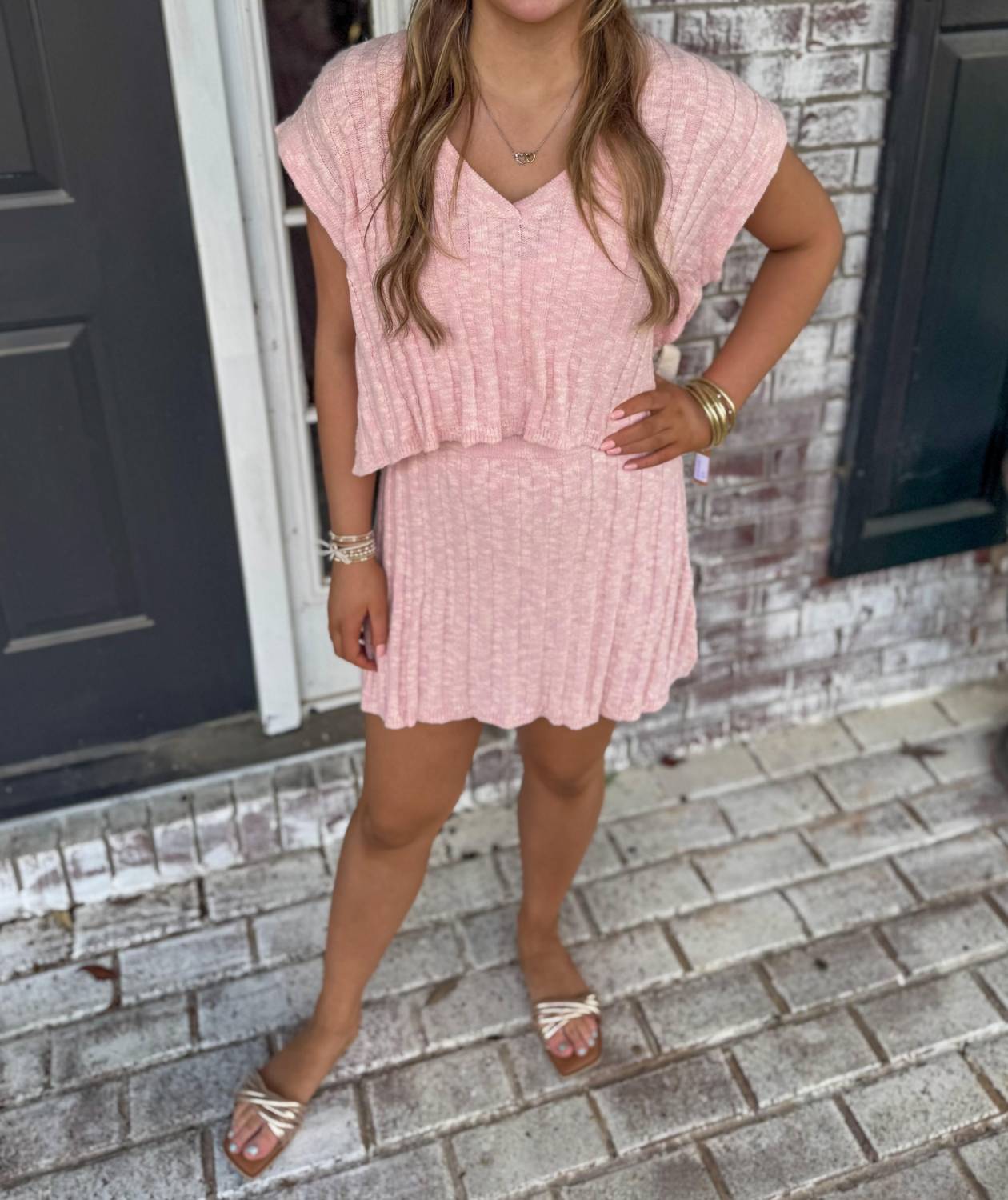 day + moon Cap Sleeve V-neck Sweater Skirt Set in baby pink - women's skirt - view 4