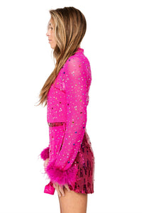 Queen Of Sparkles - Feather Sequin Short Romper