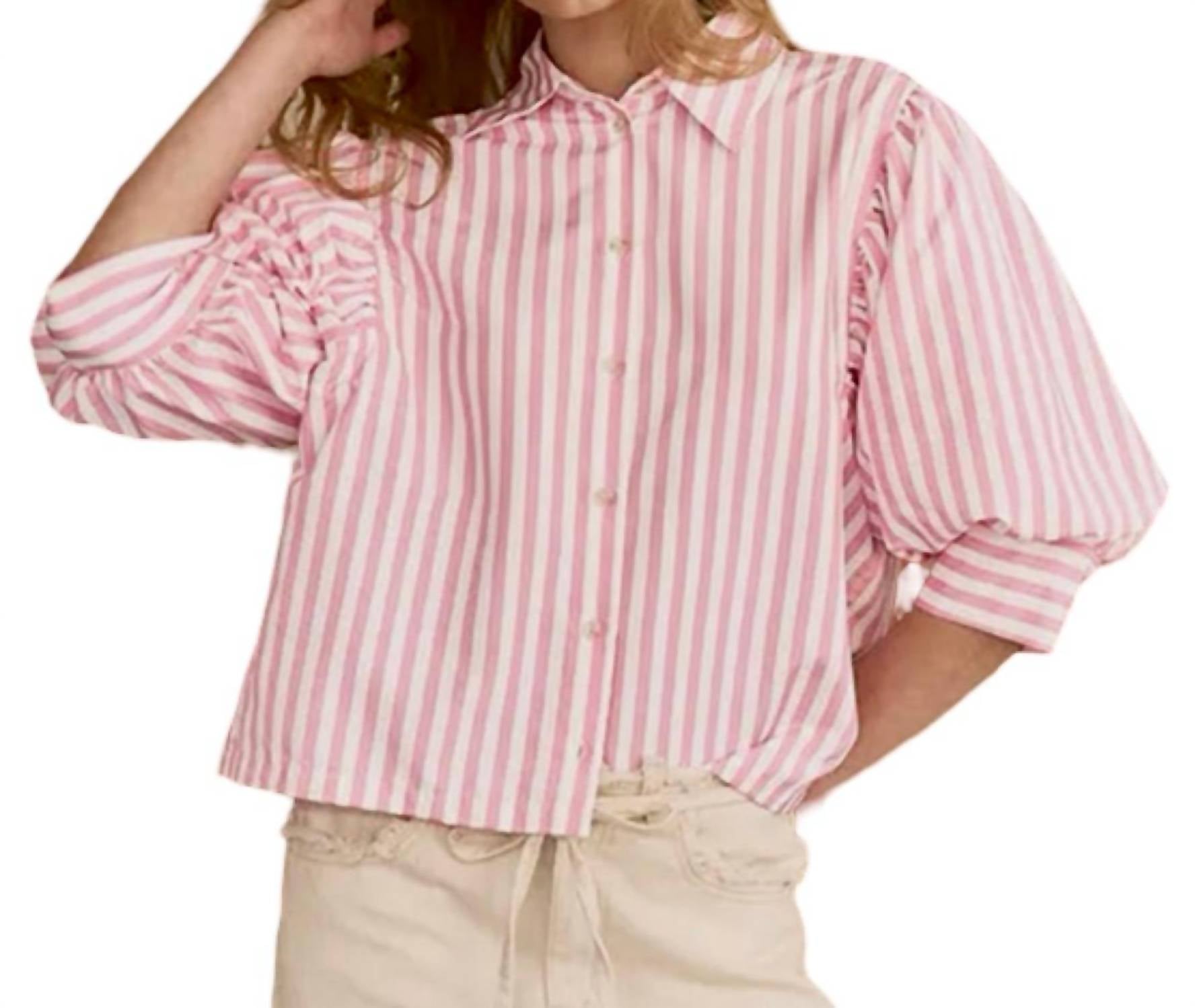 Urban Daizy Puffed Sleeve Stripe Blouse in pink - women's blouse