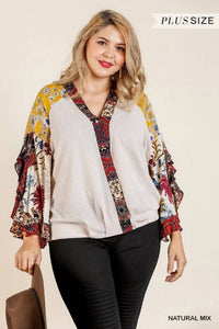 Umgee - Floral Bell Ruffle Sleeve Crossbody Top