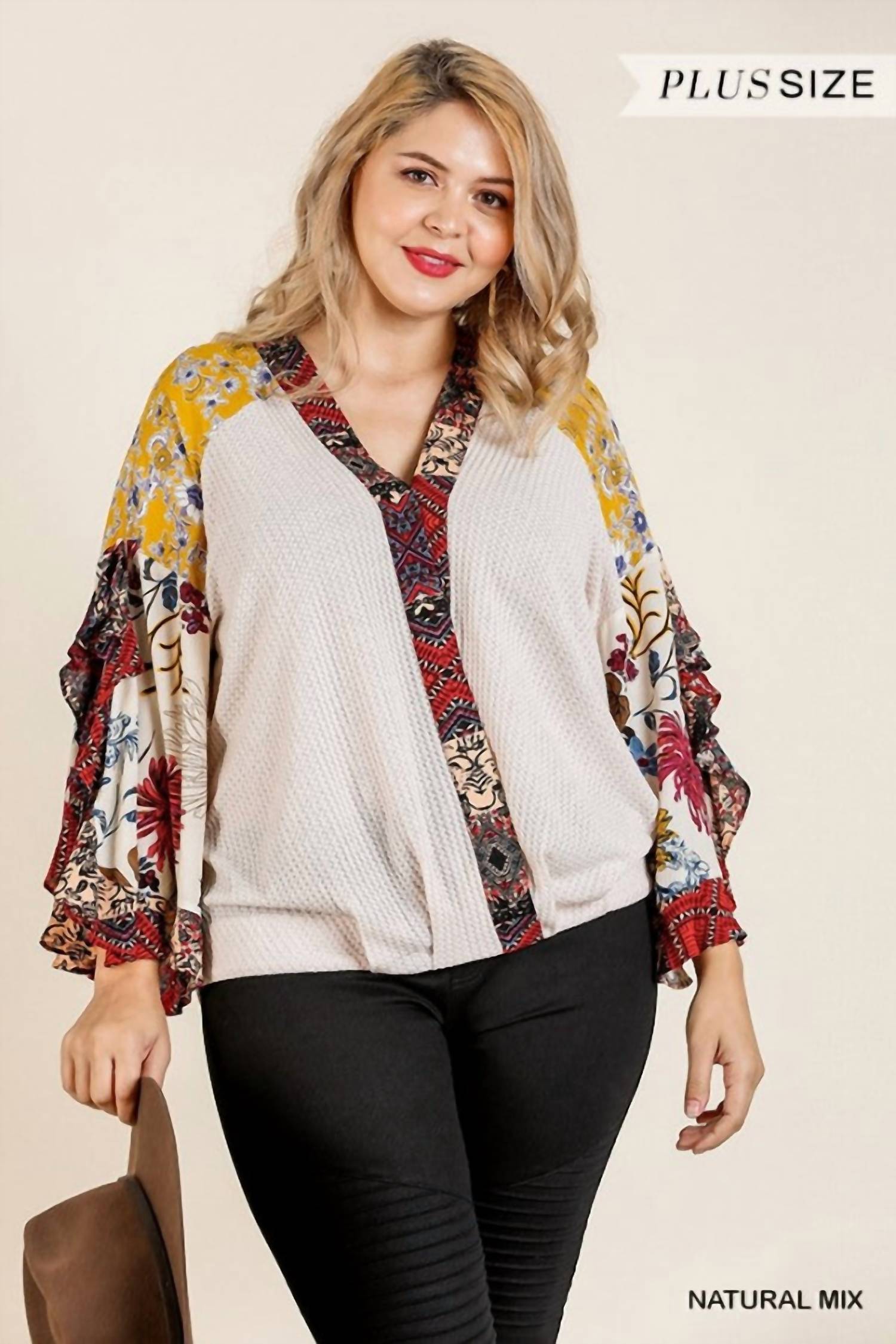 Umgee - Floral Bell Ruffle Sleeve Crossbody Top