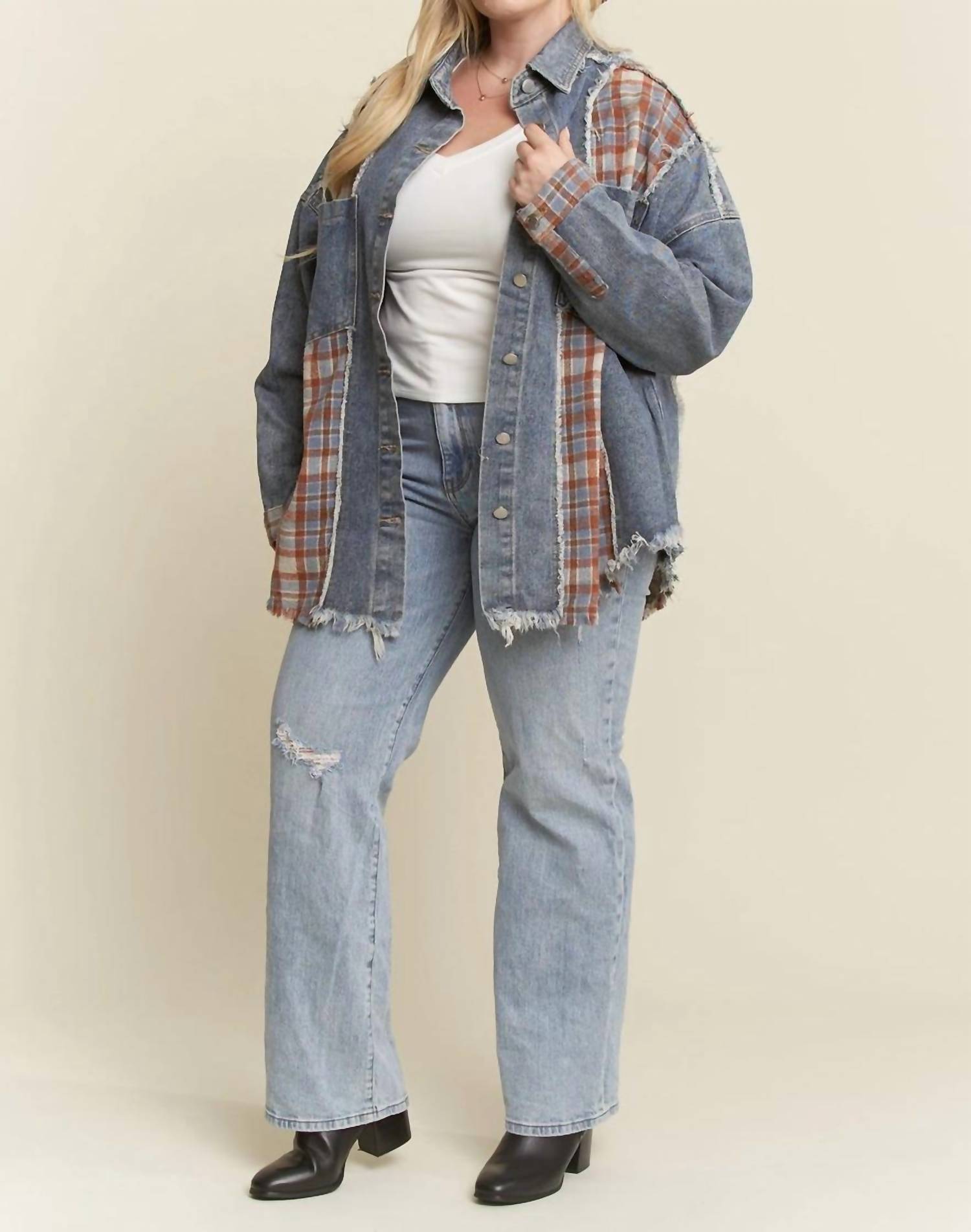 Jade By Jane - Plaid Color Block Jacket With Unfinished Hem - Plus