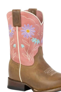ROPER Girl's Geo Sole Floral Square Toe Kids Boot in brown pink - kids' boots - detail view
